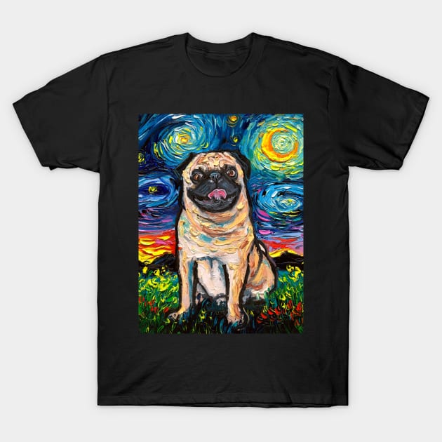 Happy Fawn Pug Starry Night T-Shirt by sagittariusgallery